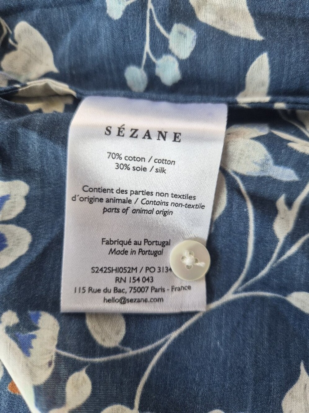 *NWT* [Sezane] Pierro Shirt in Marine Bloom, Size 38/6, Part Silk - Picture 9 of 12